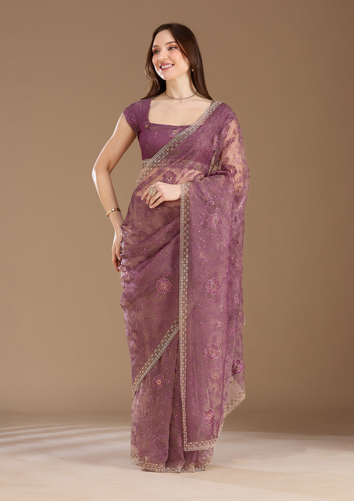 Purple Threadwork Tissue Saree