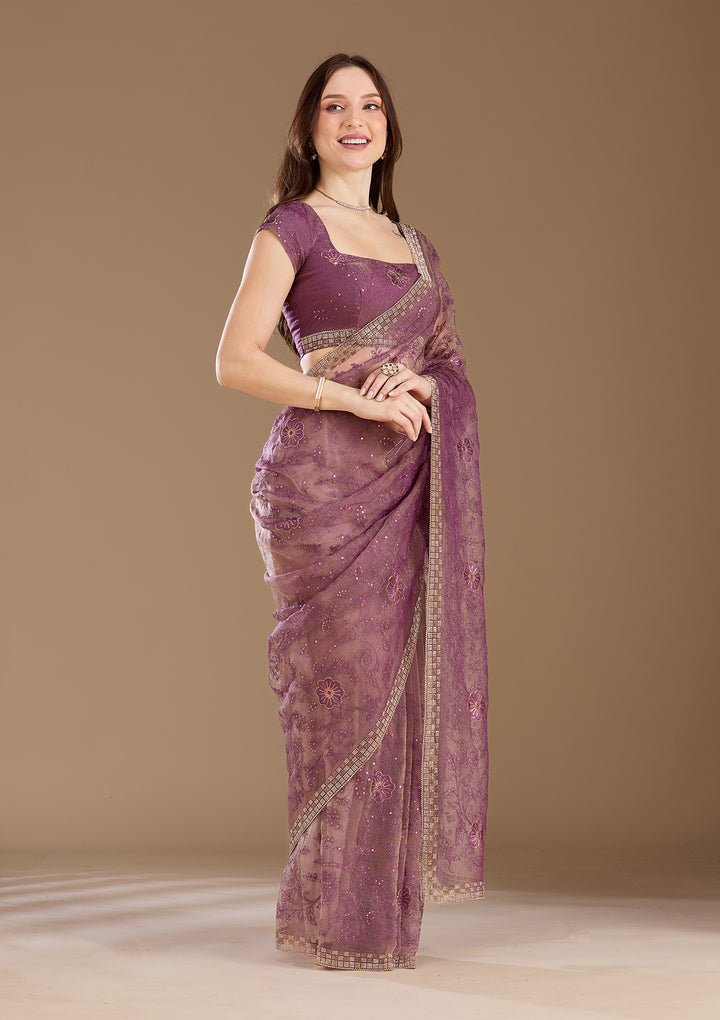 Purple Threadwork Tissue Saree