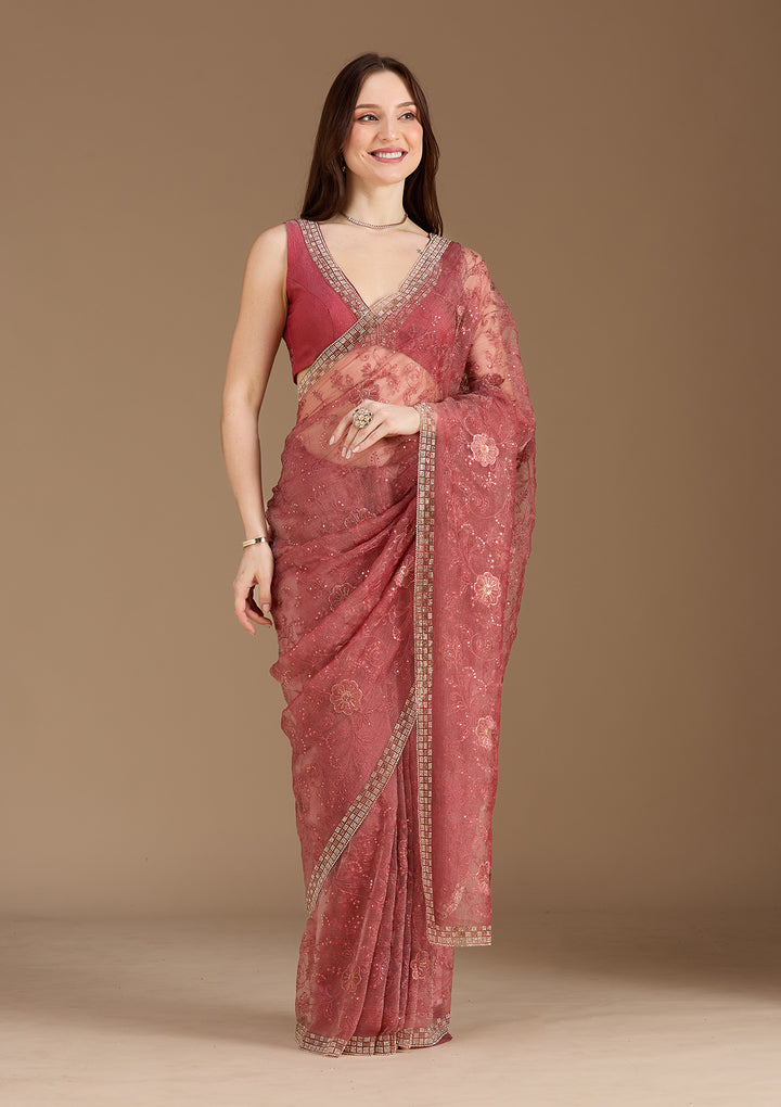 Rust Threadwork Tissue Saree