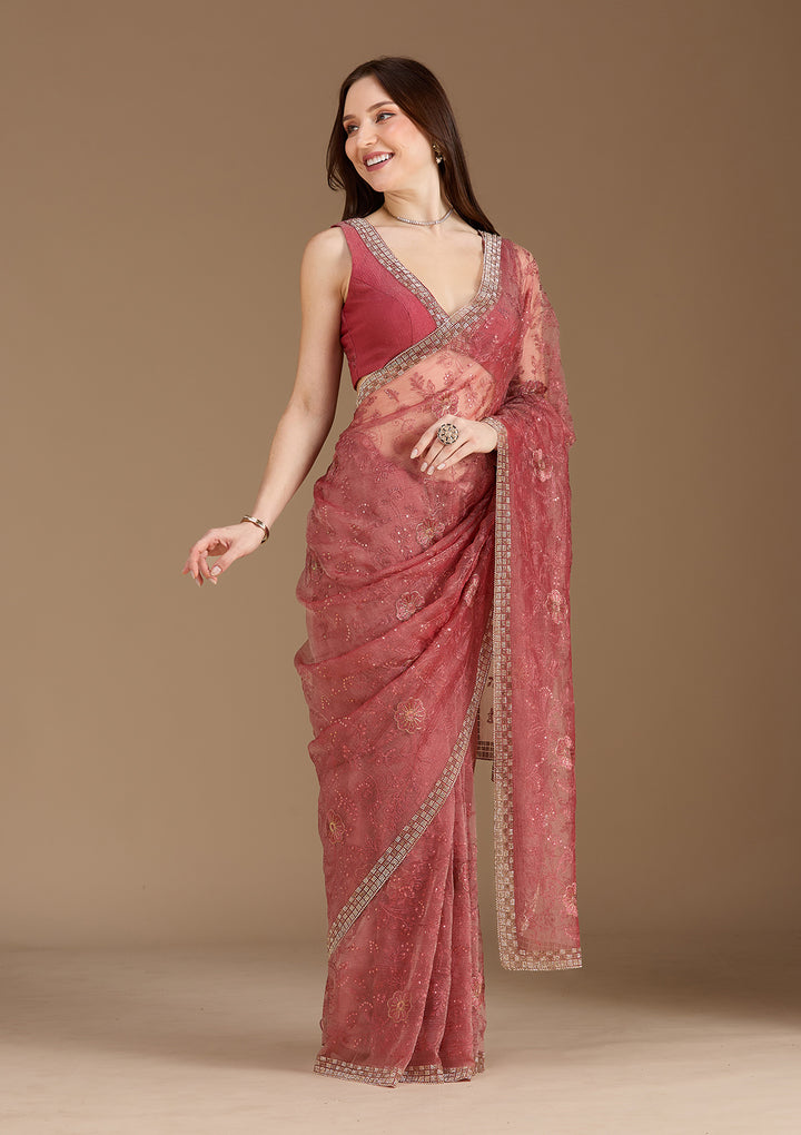 Rust Threadwork Tissue Saree