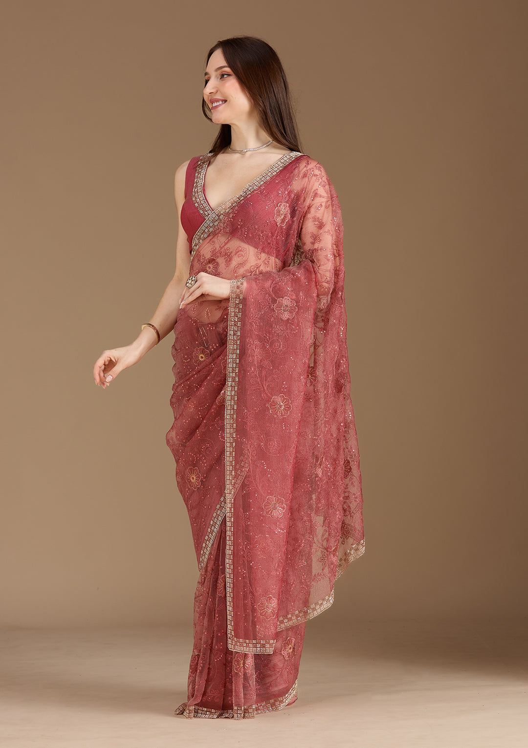 Rust Threadwork Tissue Saree
