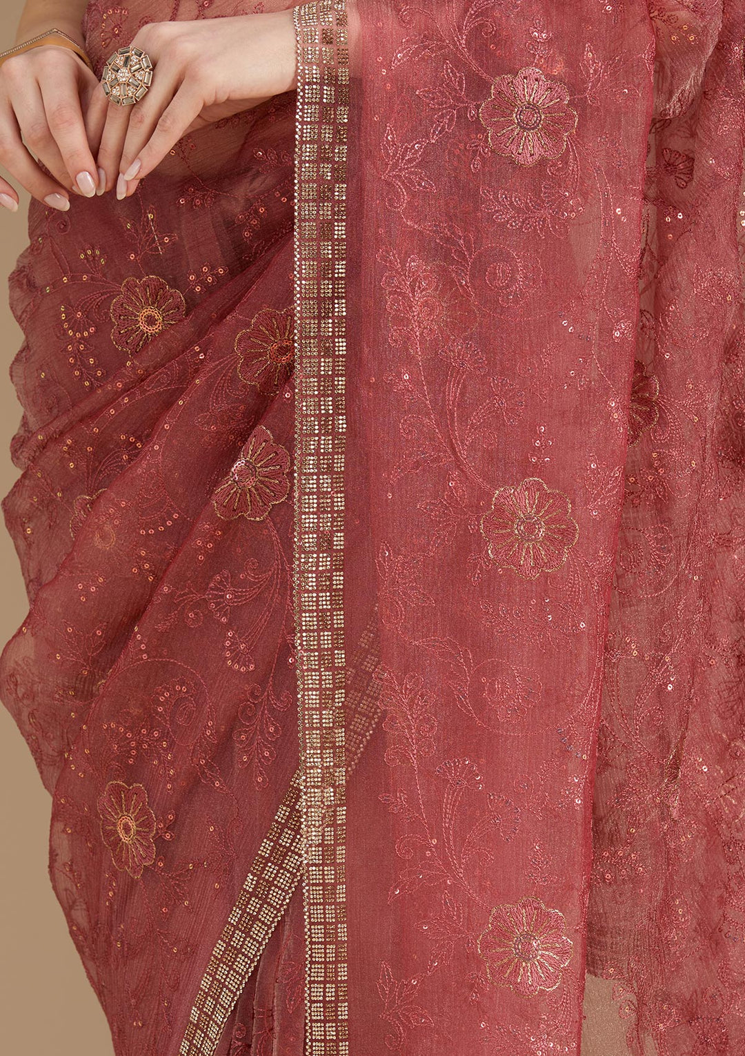 Rust Threadwork Tissue Saree