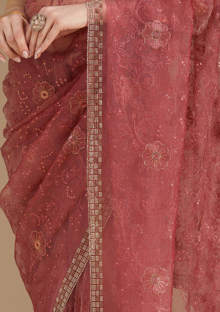 Rust Threadwork Tissue Saree
