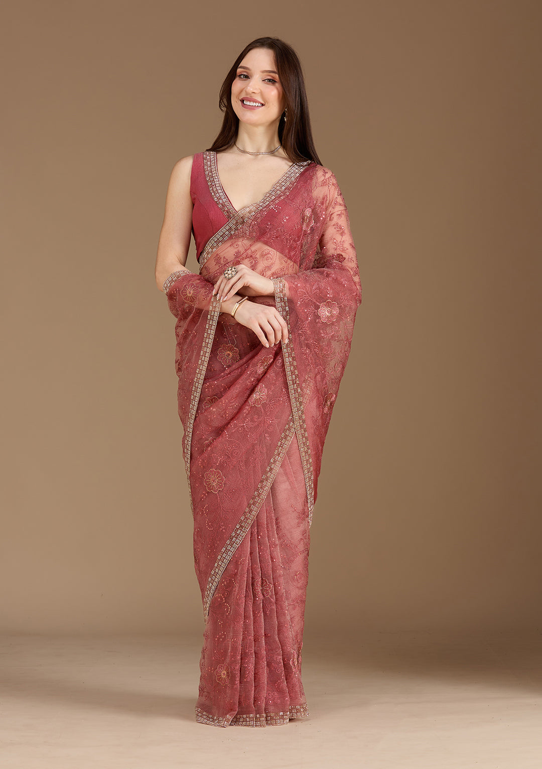 Rust Threadwork Tissue Saree