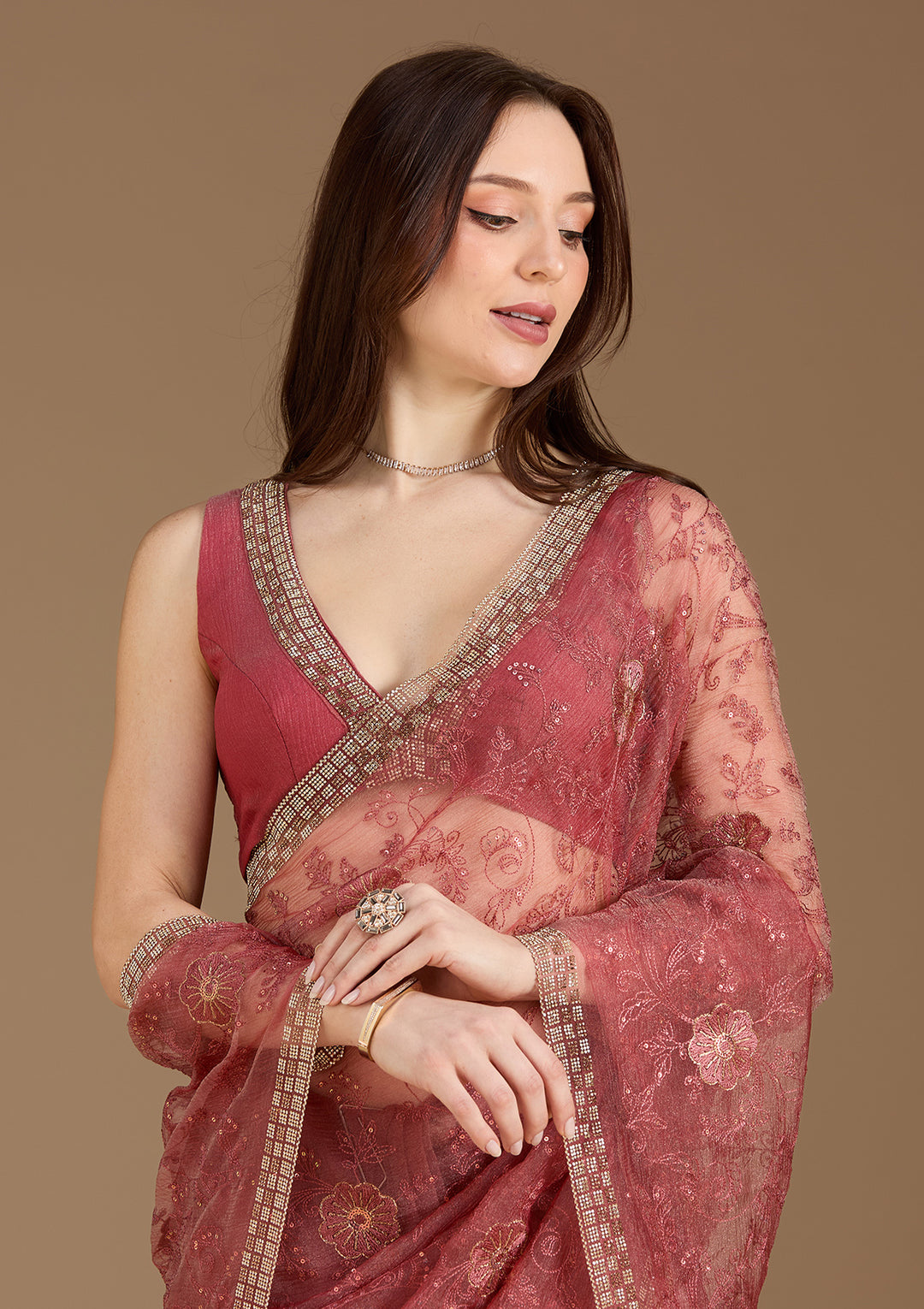 Rust Threadwork Tissue Saree