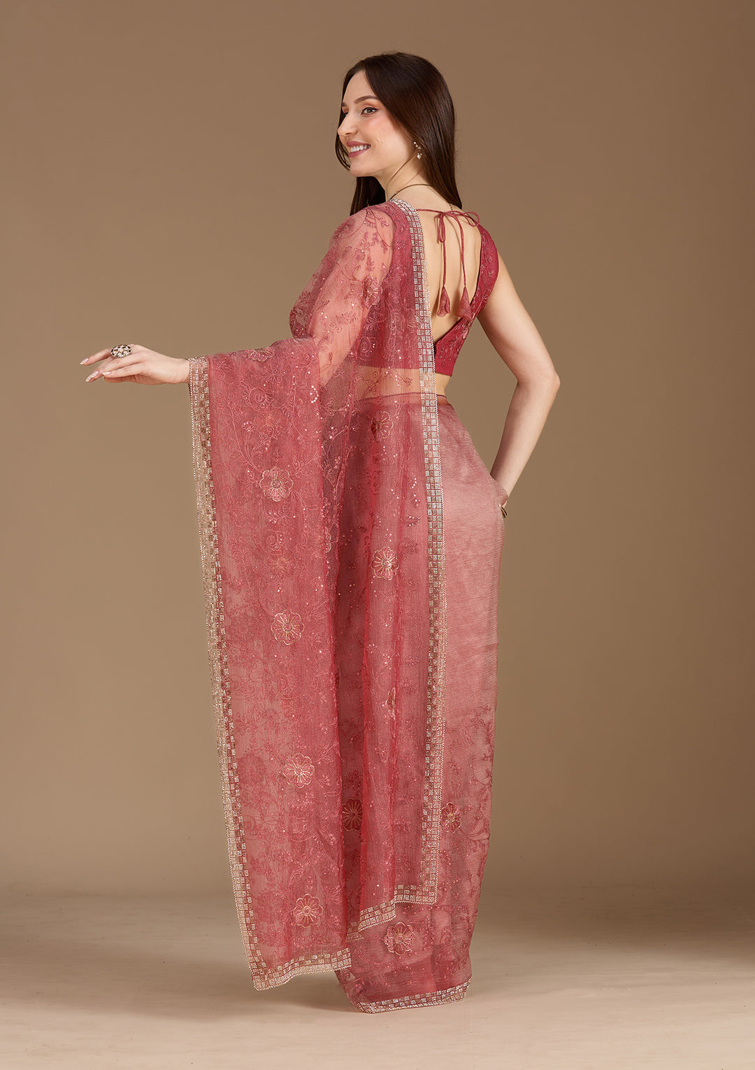 Rust Threadwork Tissue Saree