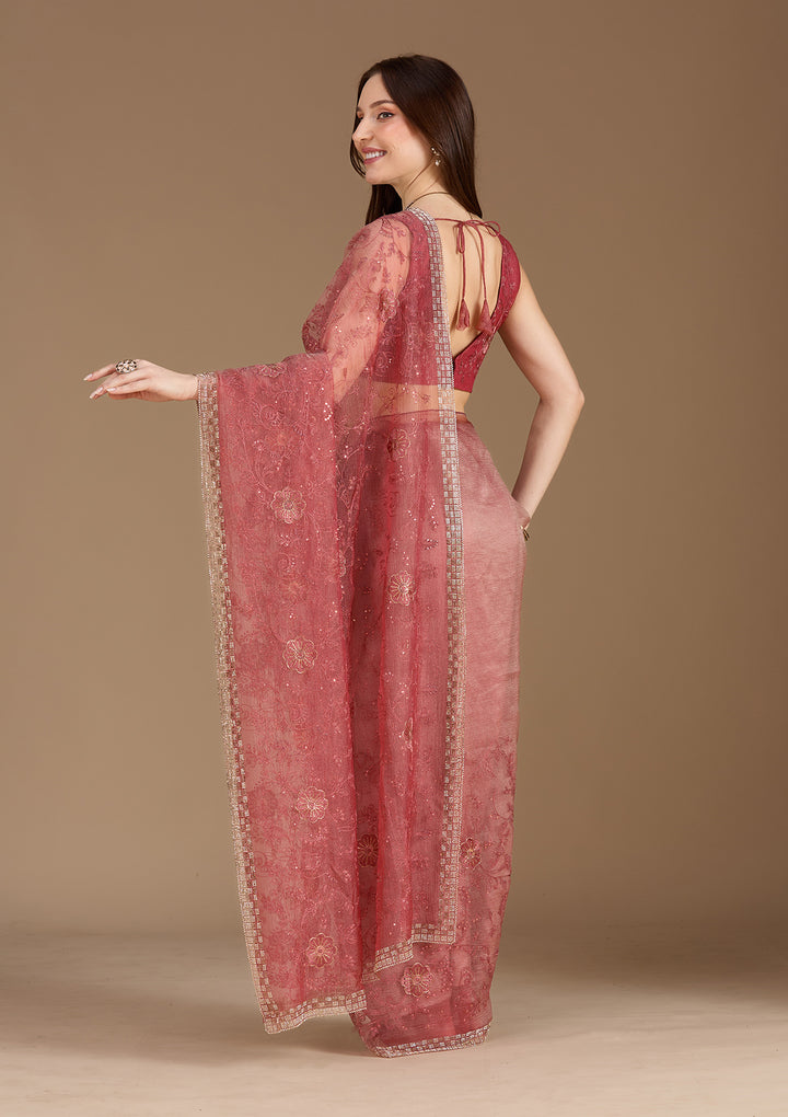 Rust Threadwork Tissue Saree