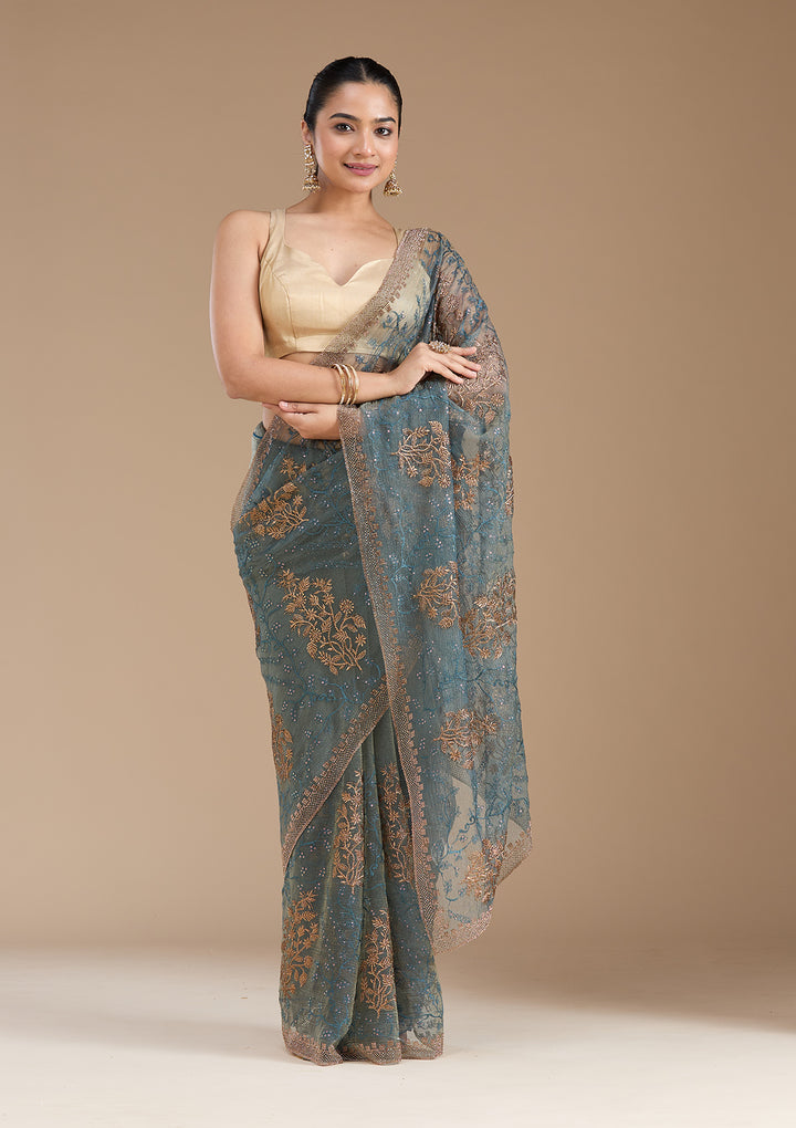 Navy Blue Zariwork (Antique) Tissue Saree