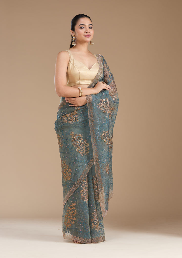 Navy Blue Zariwork (Antique) Tissue Saree