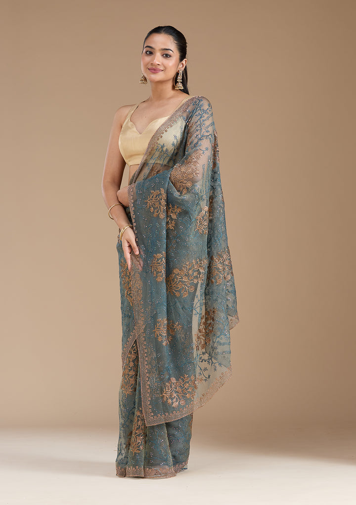 Navy Blue Zariwork (Antique) Tissue Saree
