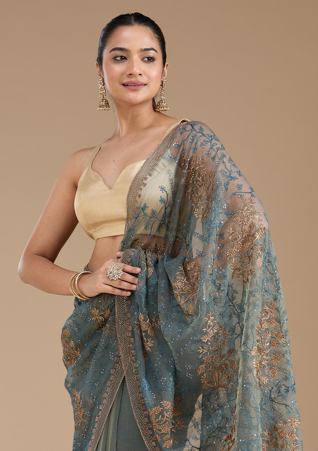 Navy Blue Zariwork (Antique) Tissue Saree