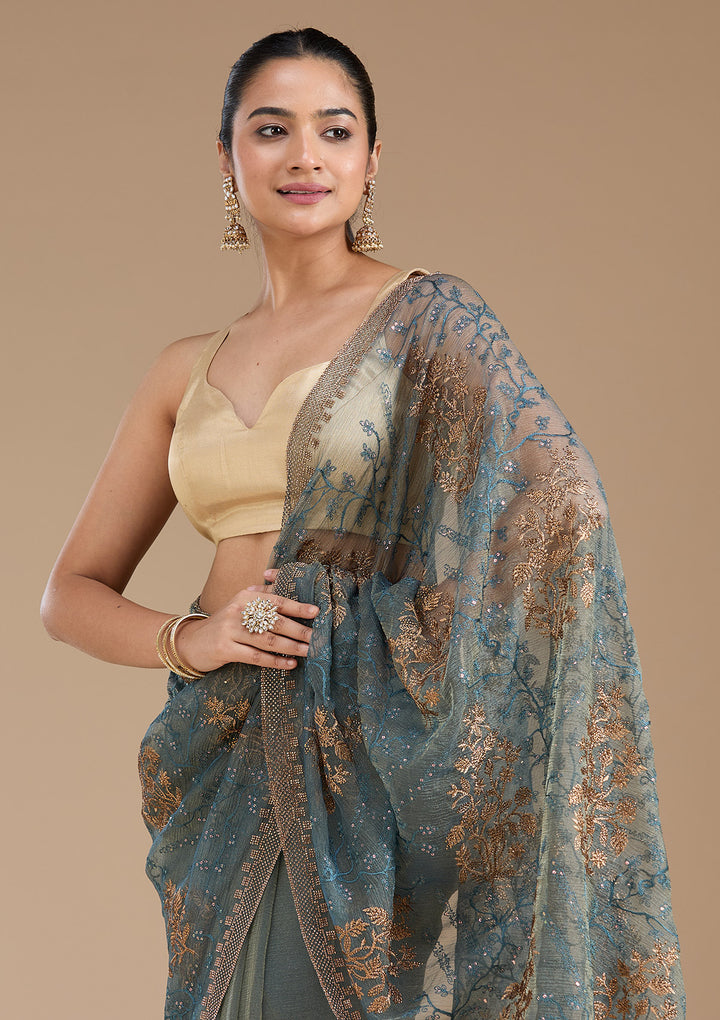 Navy Blue Zariwork (Antique) Tissue Saree