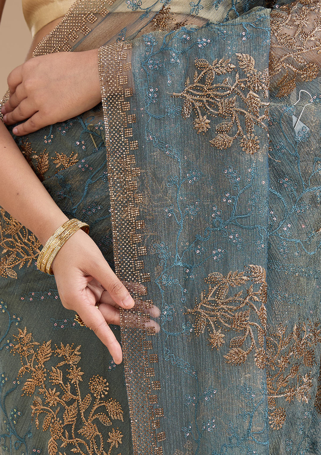 Navy Blue Zariwork (Antique) Tissue Saree