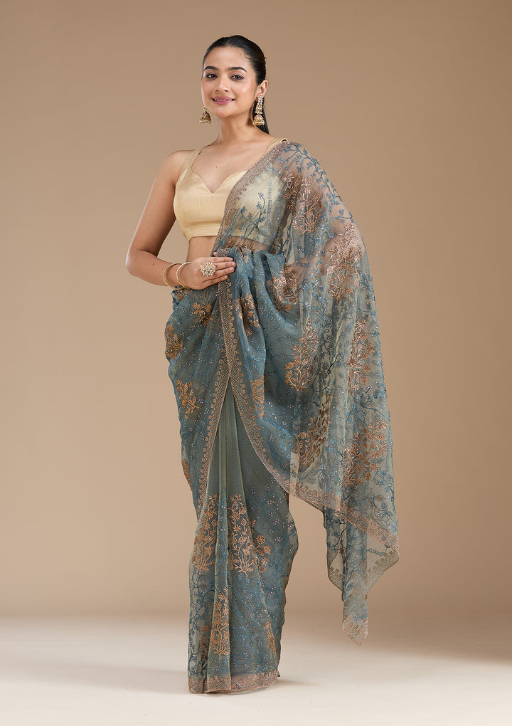 Navy Blue Zariwork (Antique) Tissue Saree
