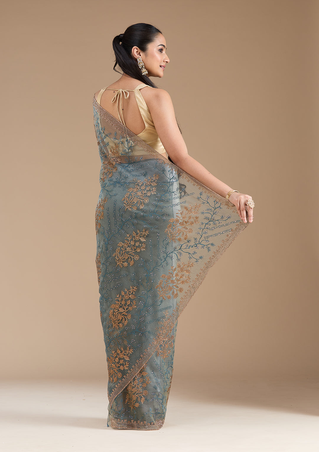 Navy Blue Zariwork (Antique) Tissue Saree