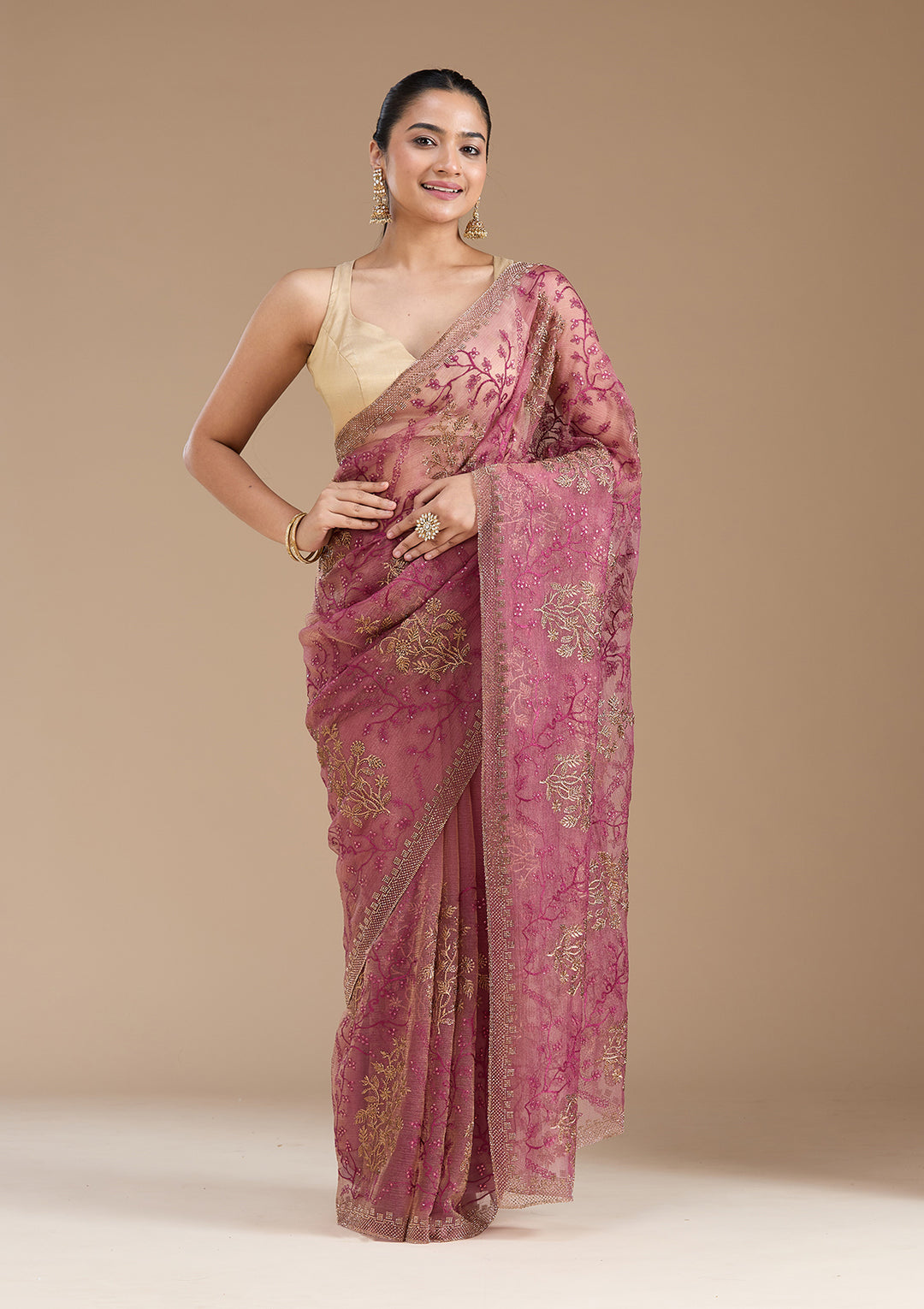 Wine Zariwork (Antique) Tissue Saree