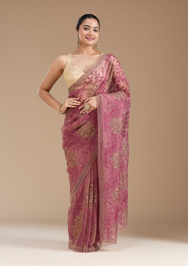 Wine Zariwork (Antique) Tissue Saree