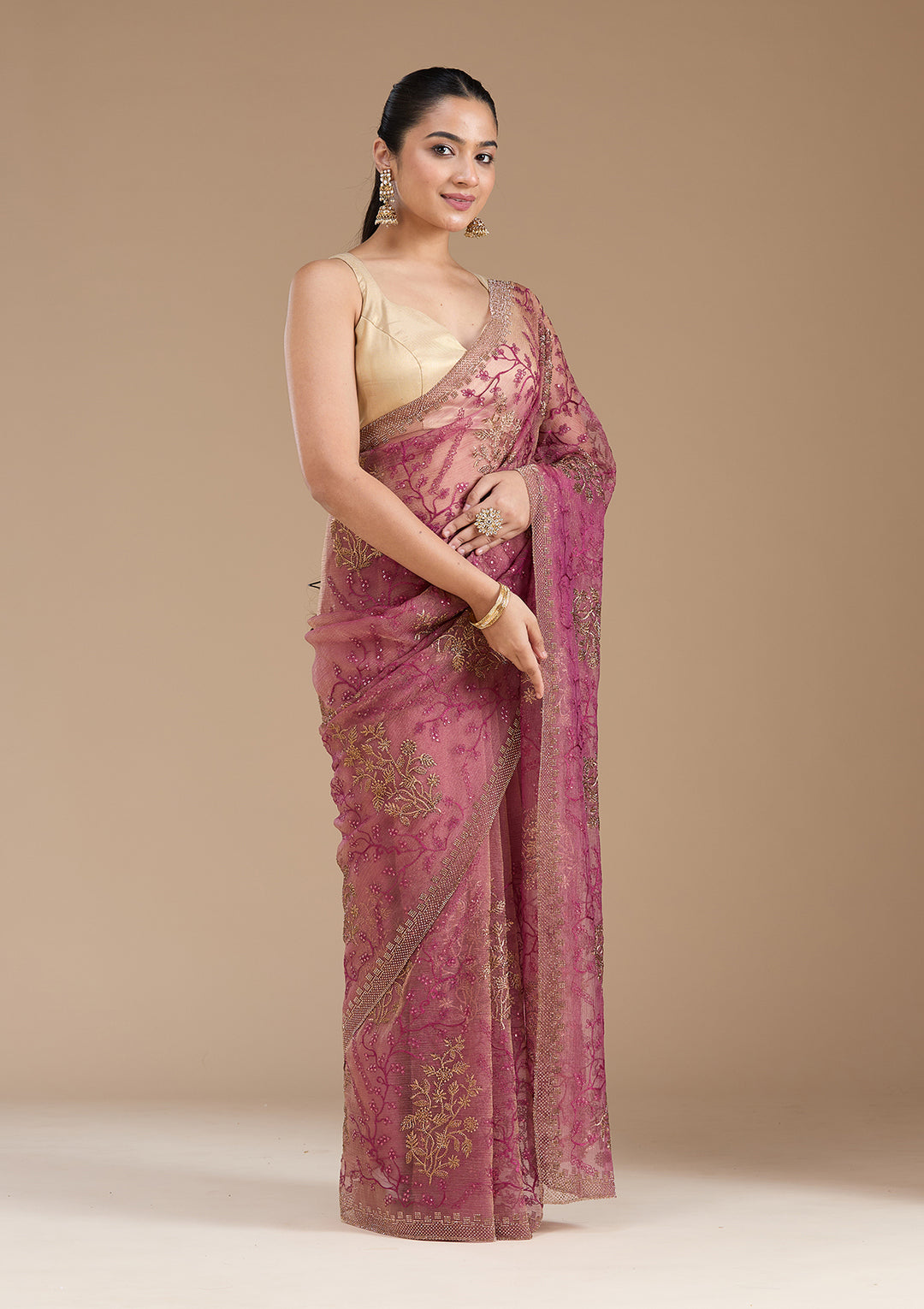 Wine Zariwork (Antique) Tissue Saree