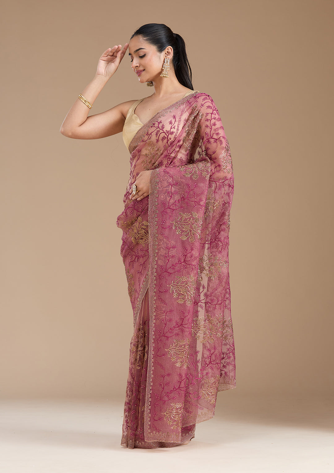 Wine Zariwork (Antique) Tissue Saree
