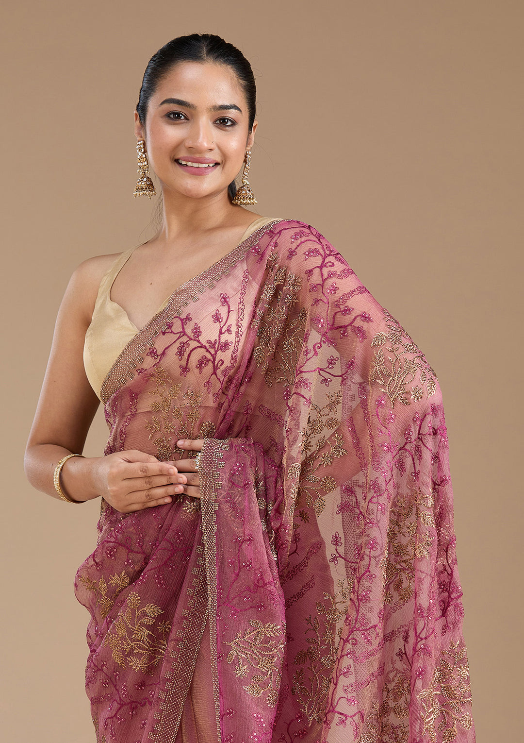 Wine Zariwork (Antique) Tissue Saree