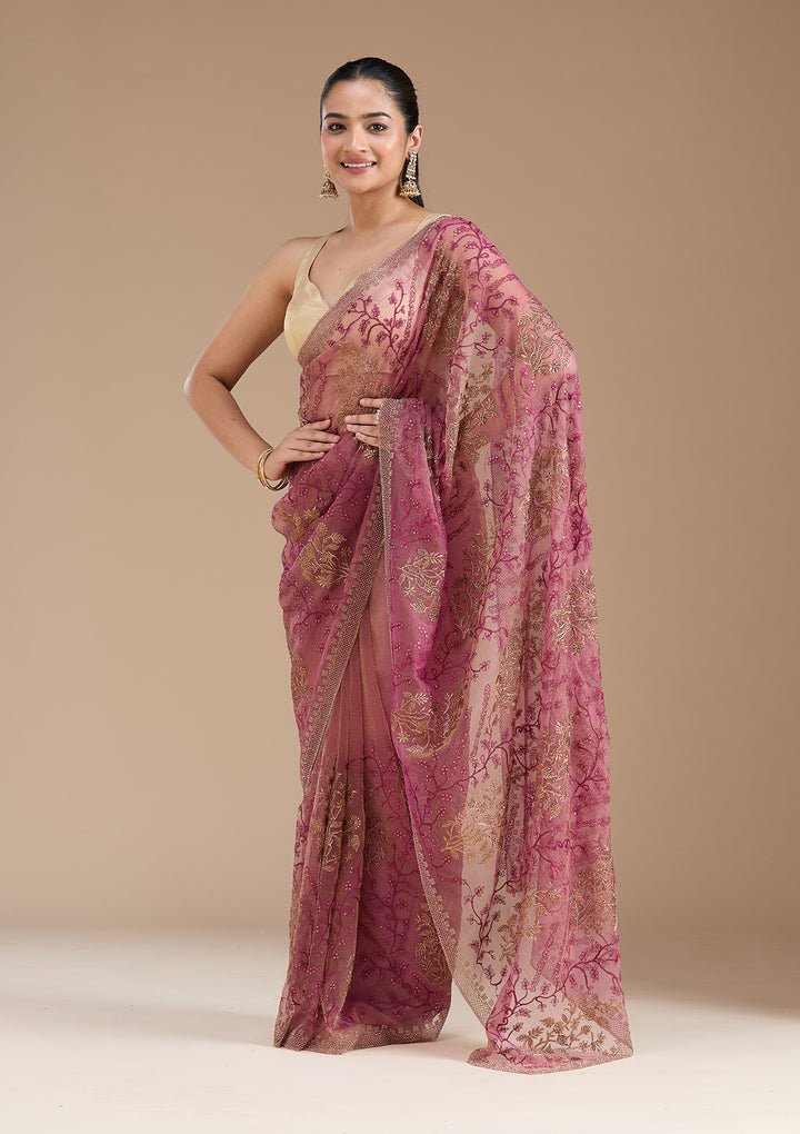 Wine Zariwork (Antique) Tissue Saree