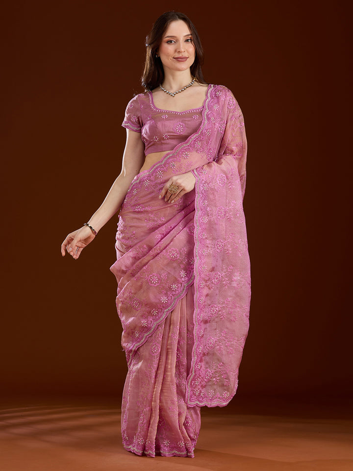 Pink Threadwork Tissue Saree