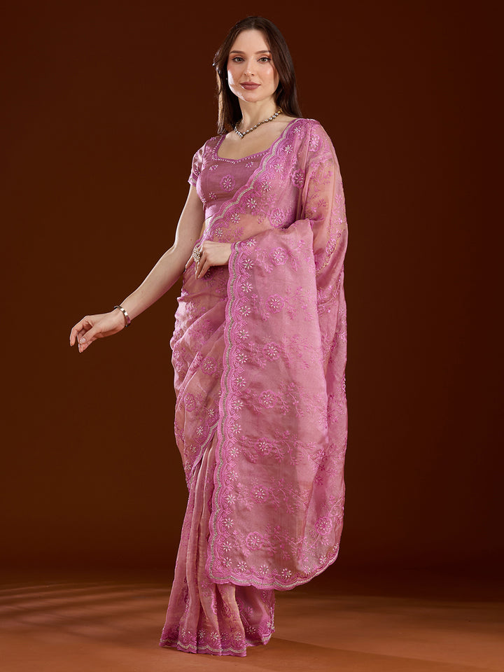 Pink Threadwork Tissue Saree
