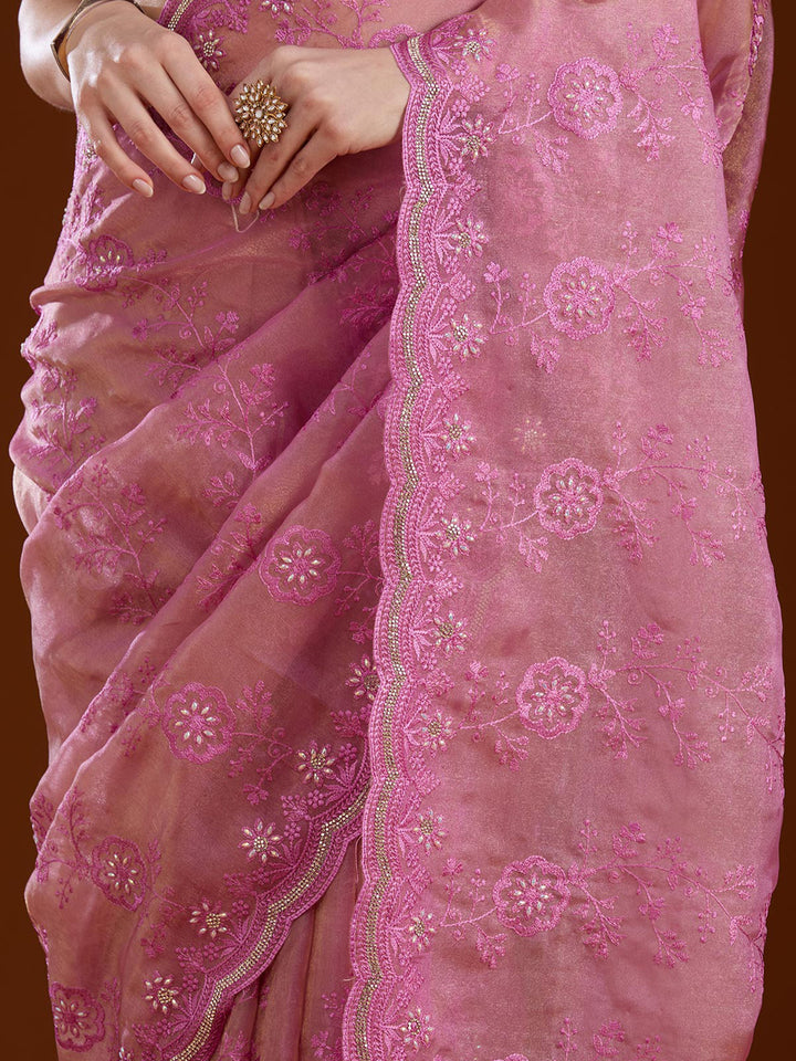 Pink Threadwork Tissue Saree