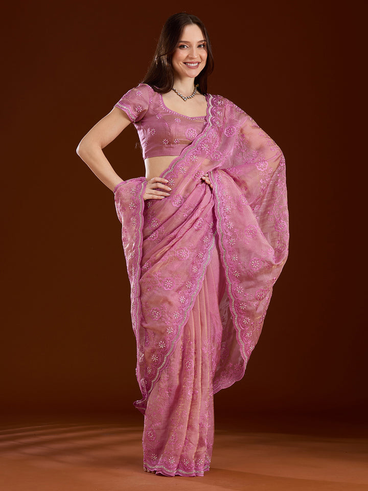 Pink Threadwork Tissue Saree