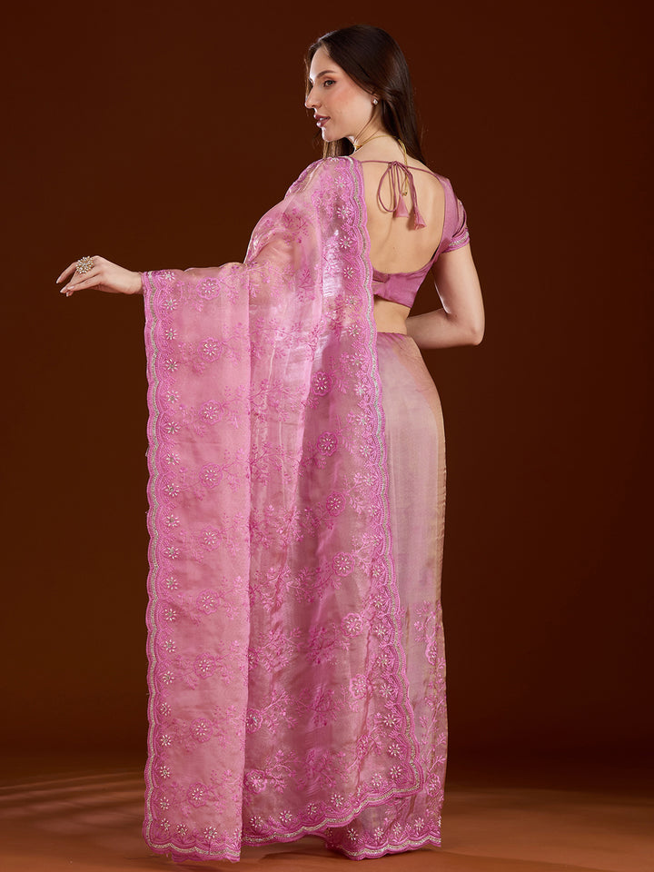 Pink Threadwork Tissue Saree
