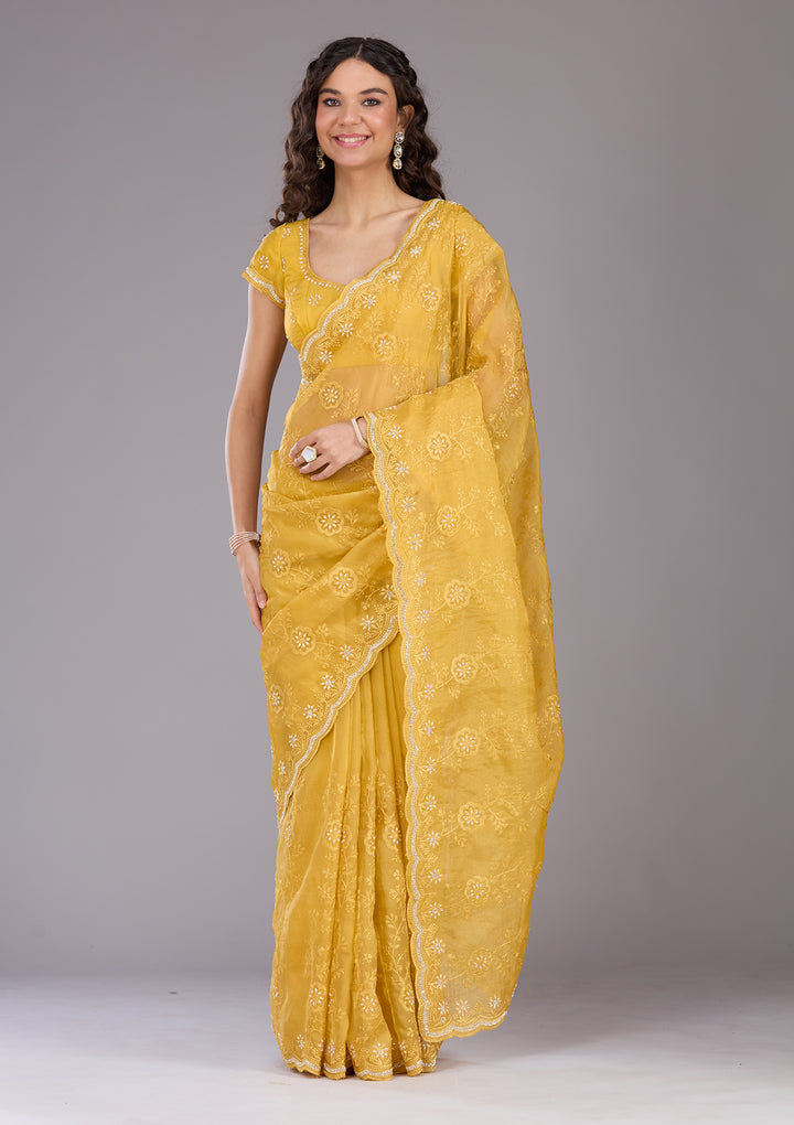 Yellow Threadwork Tissue Saree