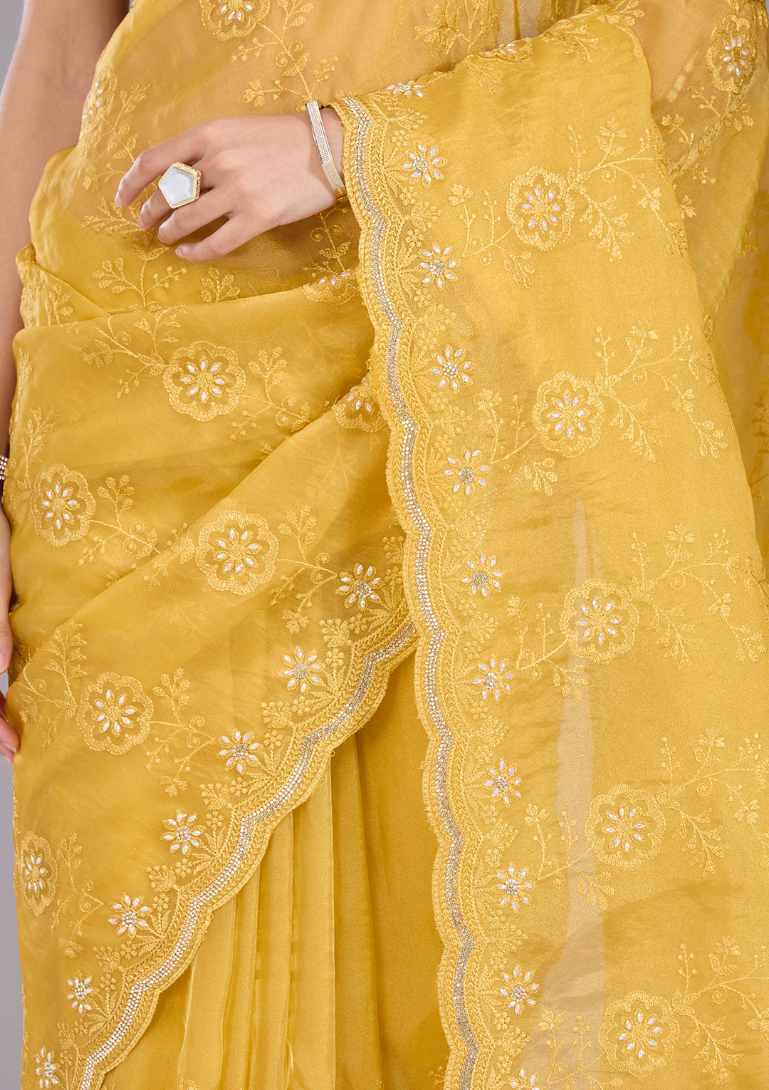 Yellow Threadwork Tissue Saree