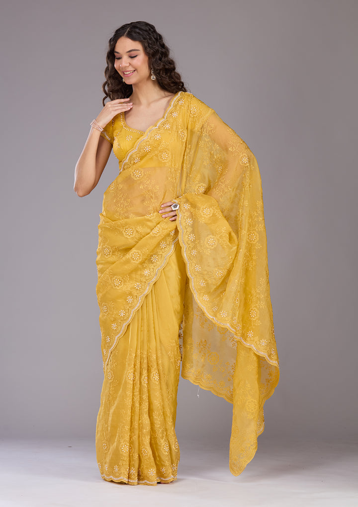 Yellow Threadwork Tissue Saree