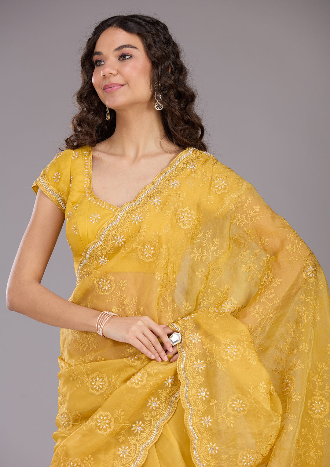 Yellow Threadwork Tissue Saree