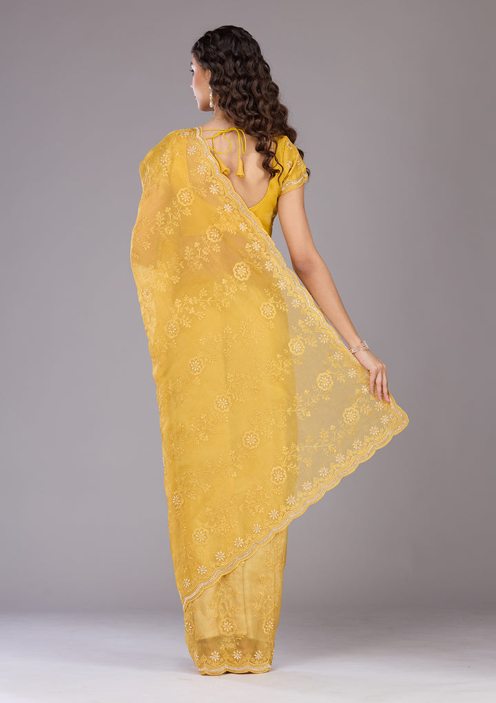 Yellow Threadwork Tissue Saree