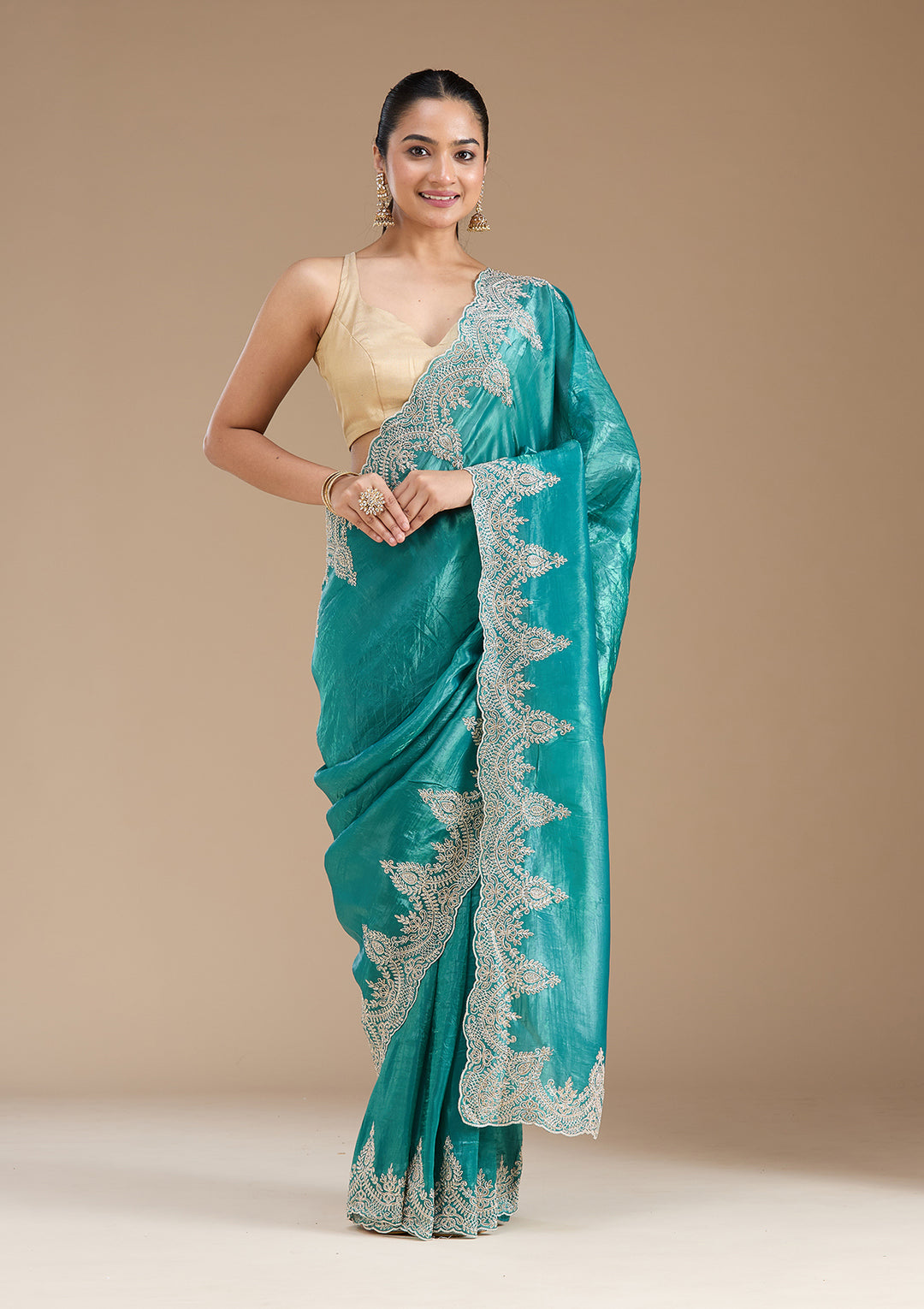 Rama Green Threadwork Organza Saree
