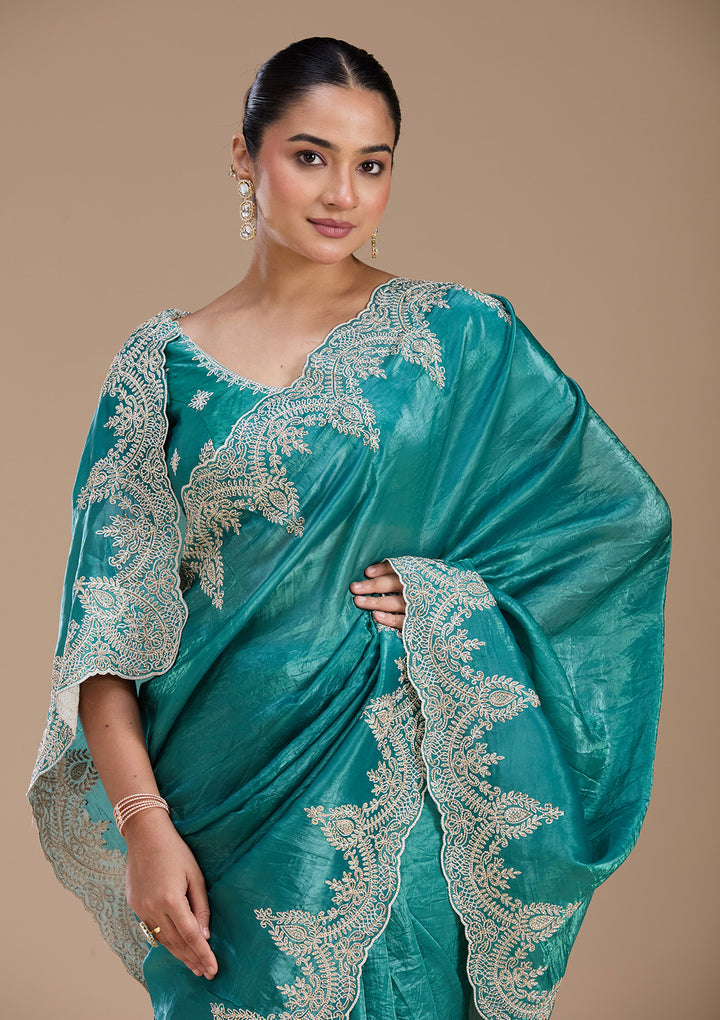 Rama Green Threadwork Organza Saree