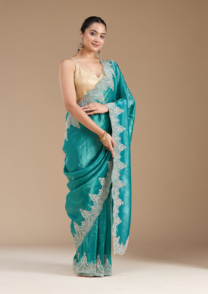 Rama Green Threadwork Organza Saree