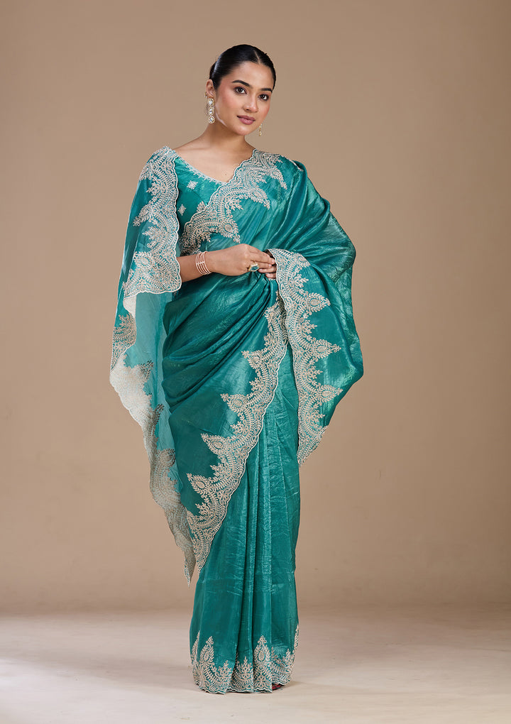 Rama Green Threadwork Organza Saree