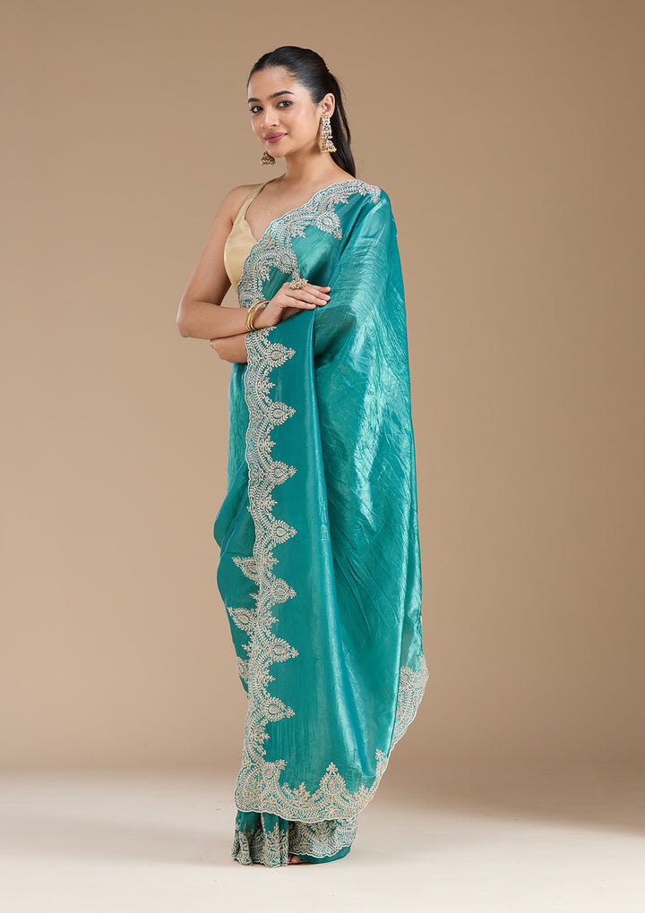 Rama Green Threadwork Organza Saree