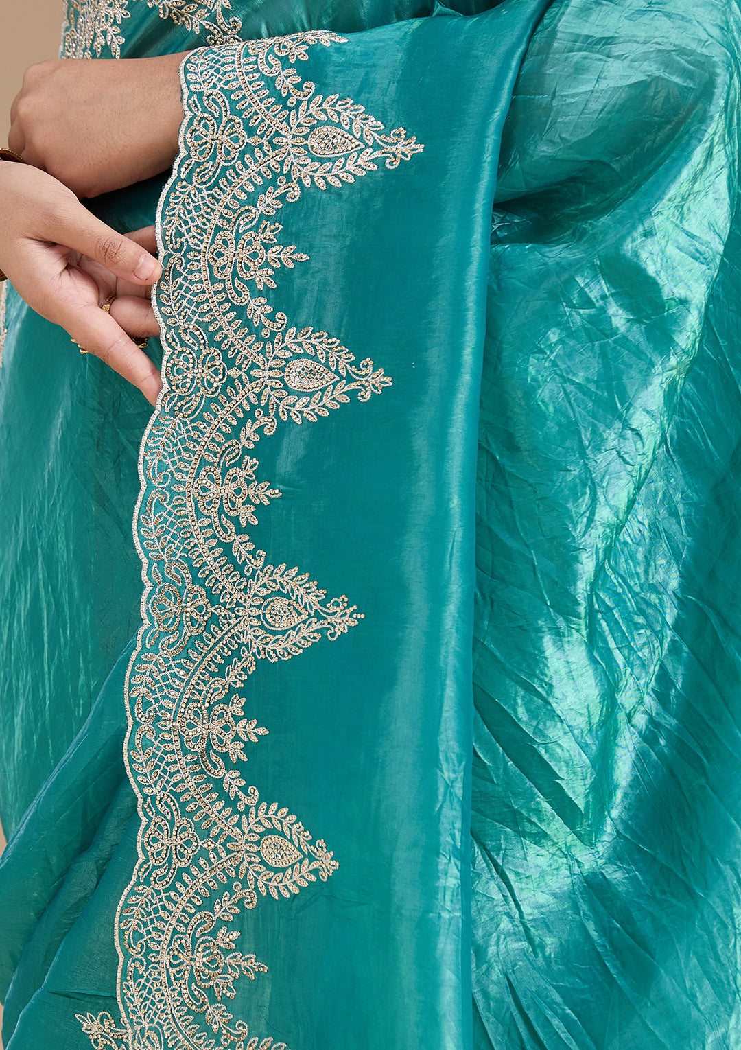 Rama Green Threadwork Organza Saree