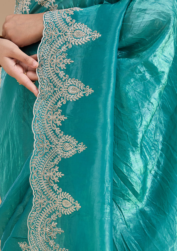 Rama Green Threadwork Organza Saree