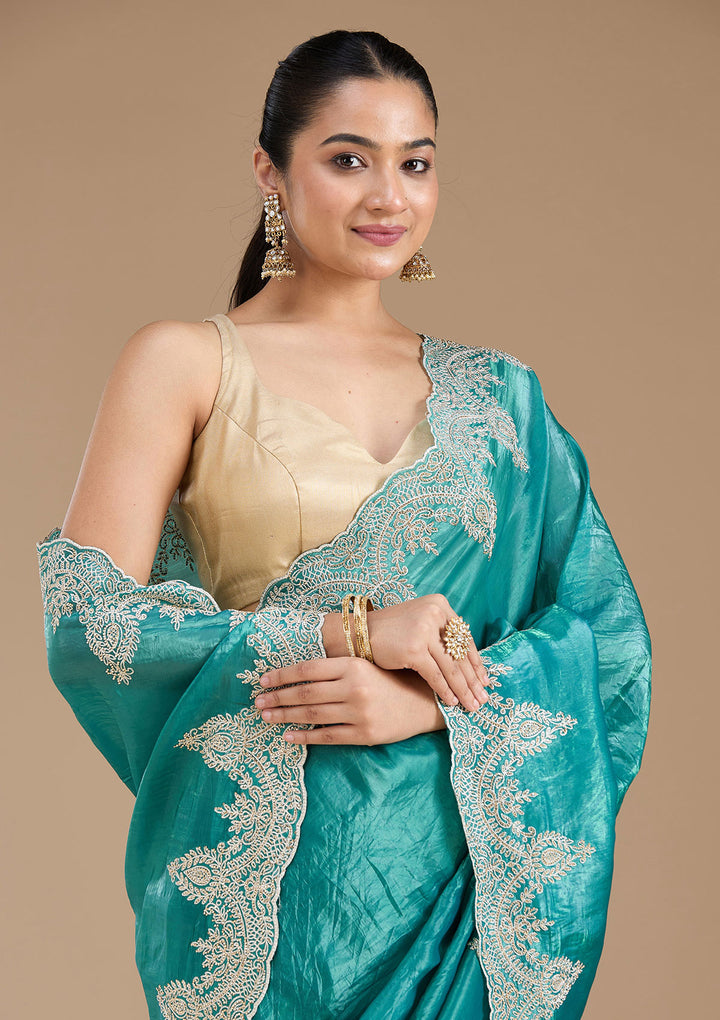 Rama Green Threadwork Organza Saree