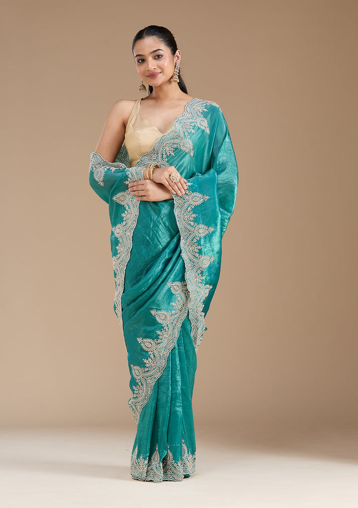 Rama Green Threadwork Organza Saree
