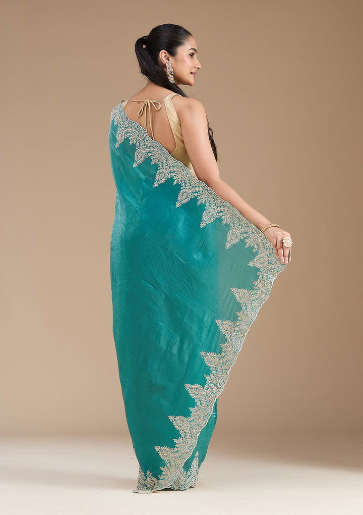 Rama Green Threadwork Organza Saree