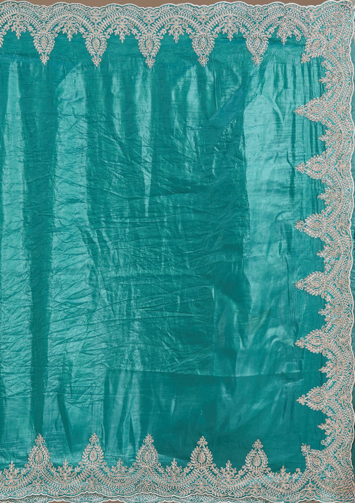 Rama Green Threadwork Organza Saree