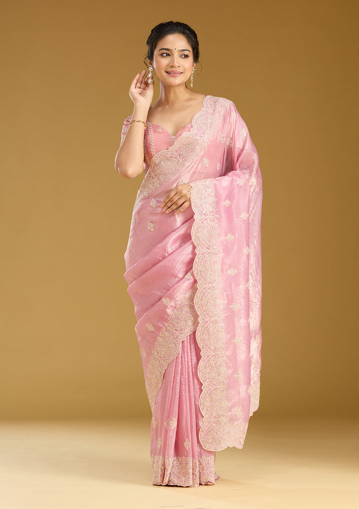 Onion Pink Threadwork Organza Saree
