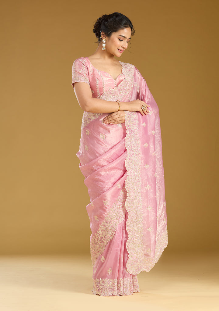 Onion Pink Threadwork Organza Saree