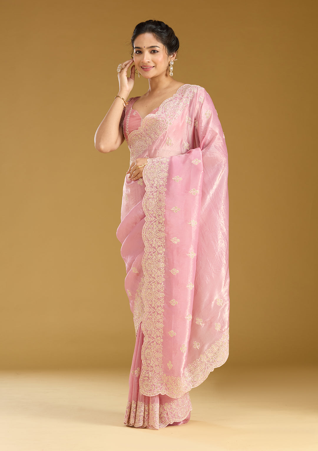 Onion Pink Threadwork Organza Saree