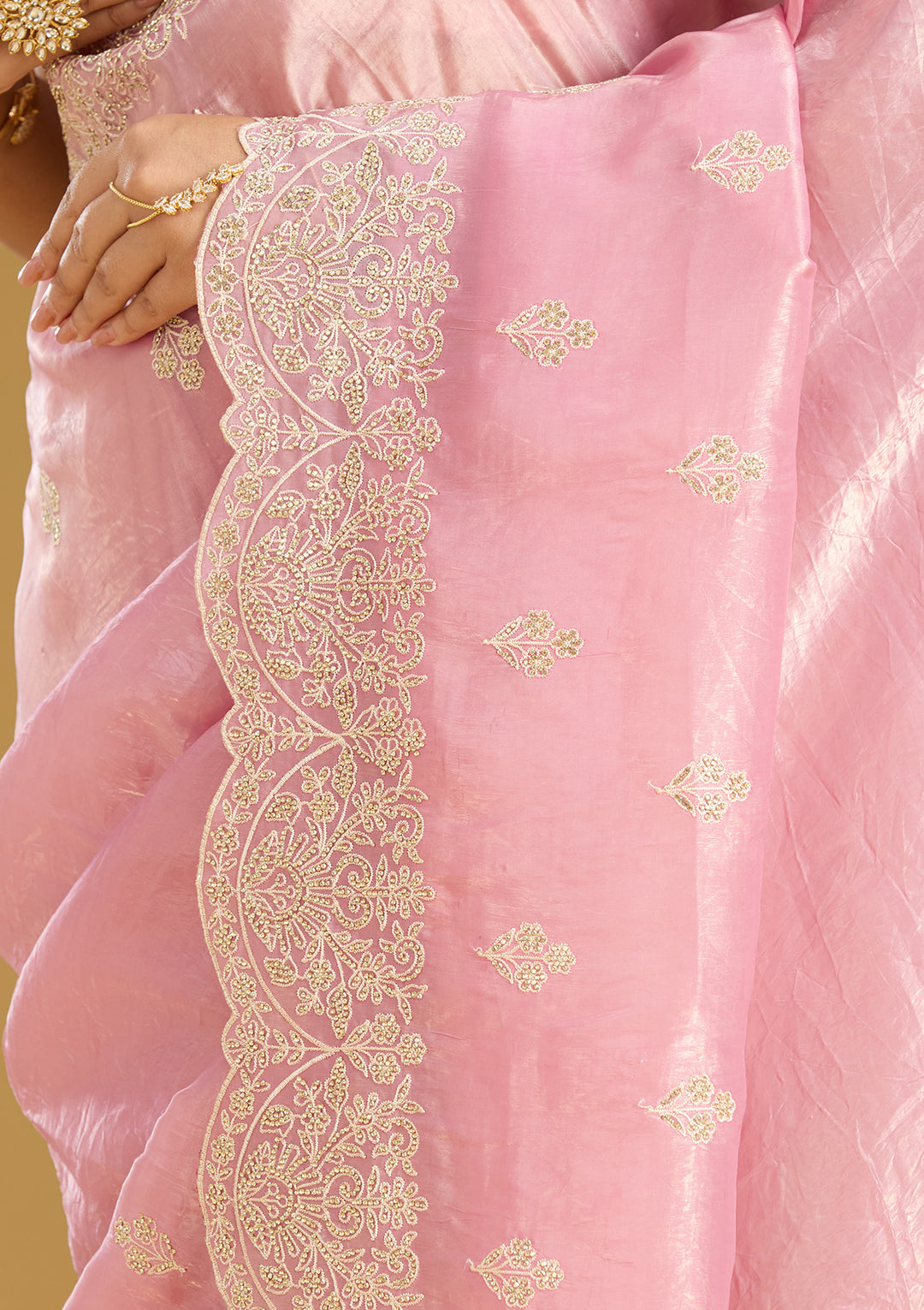 Onion Pink Threadwork Organza Saree